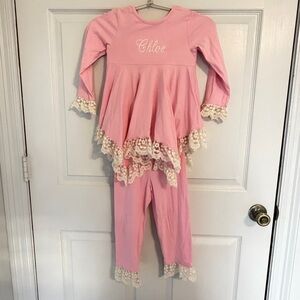 Pink lace ruffle Just Blanks boutique set “Chloe”monogram size 4t